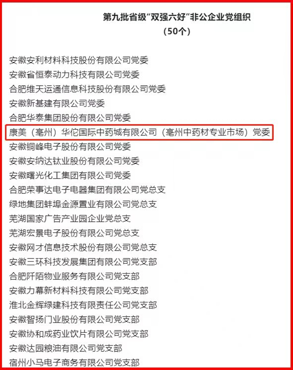 喜報！康美（亳州）中藥城黨委獲評安徽省級“雙強六好”非公企業黨組織